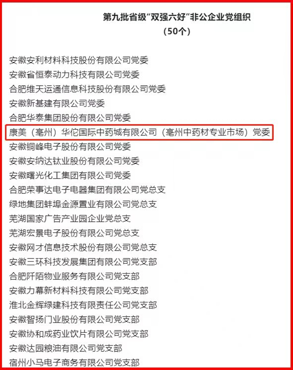 喜報！康美（亳州）中藥城黨委獲評安徽省級“雙強六好”非公企業黨組織